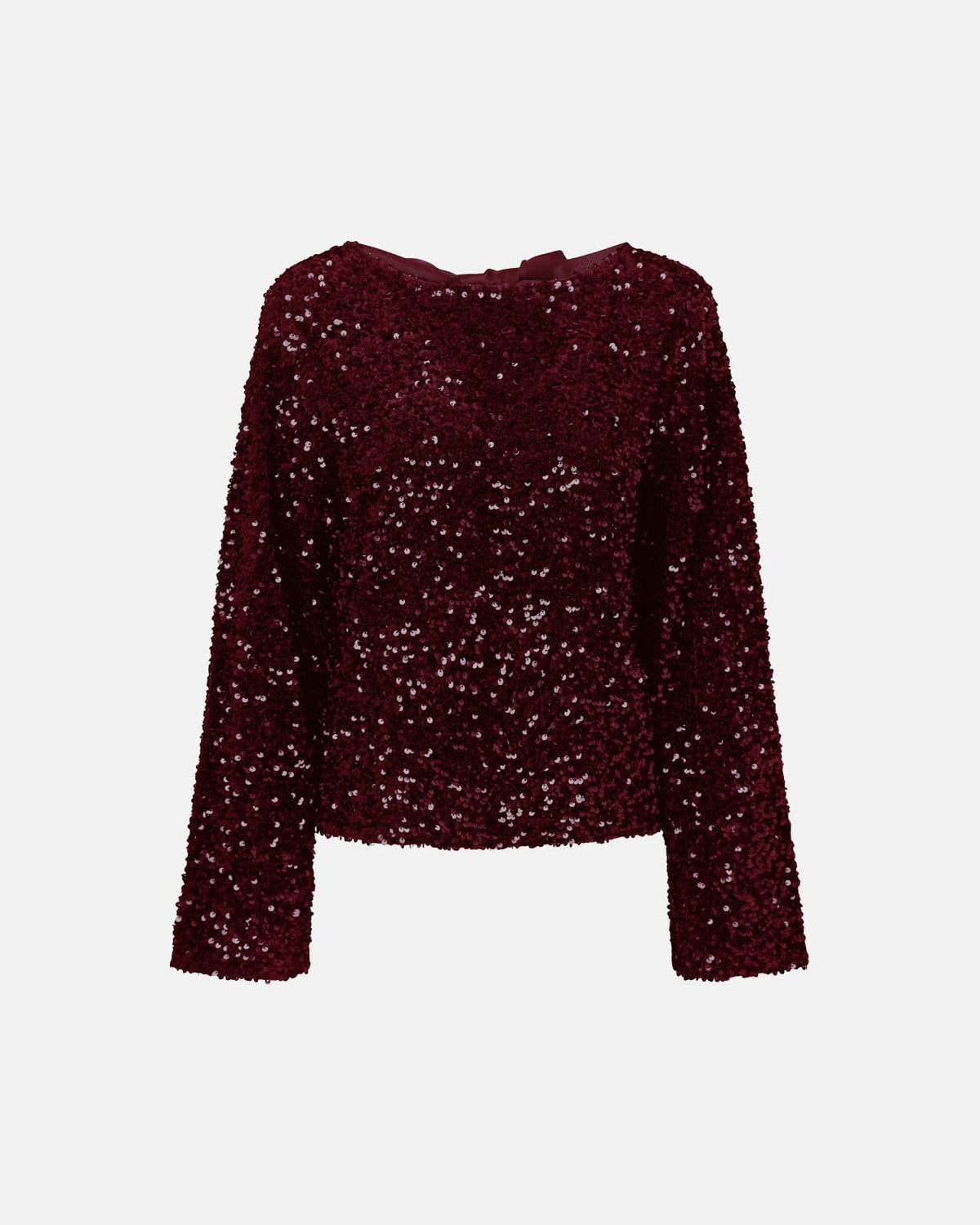 PIECES Paljettopp Kammy LS Deep Back Bow - Tawny Port/ Tawny Port Sequins
