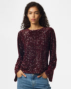 PIECES Paljettopp Kammy LS Deep Back Bow - Tawny Port/ Tawny Port Sequins
