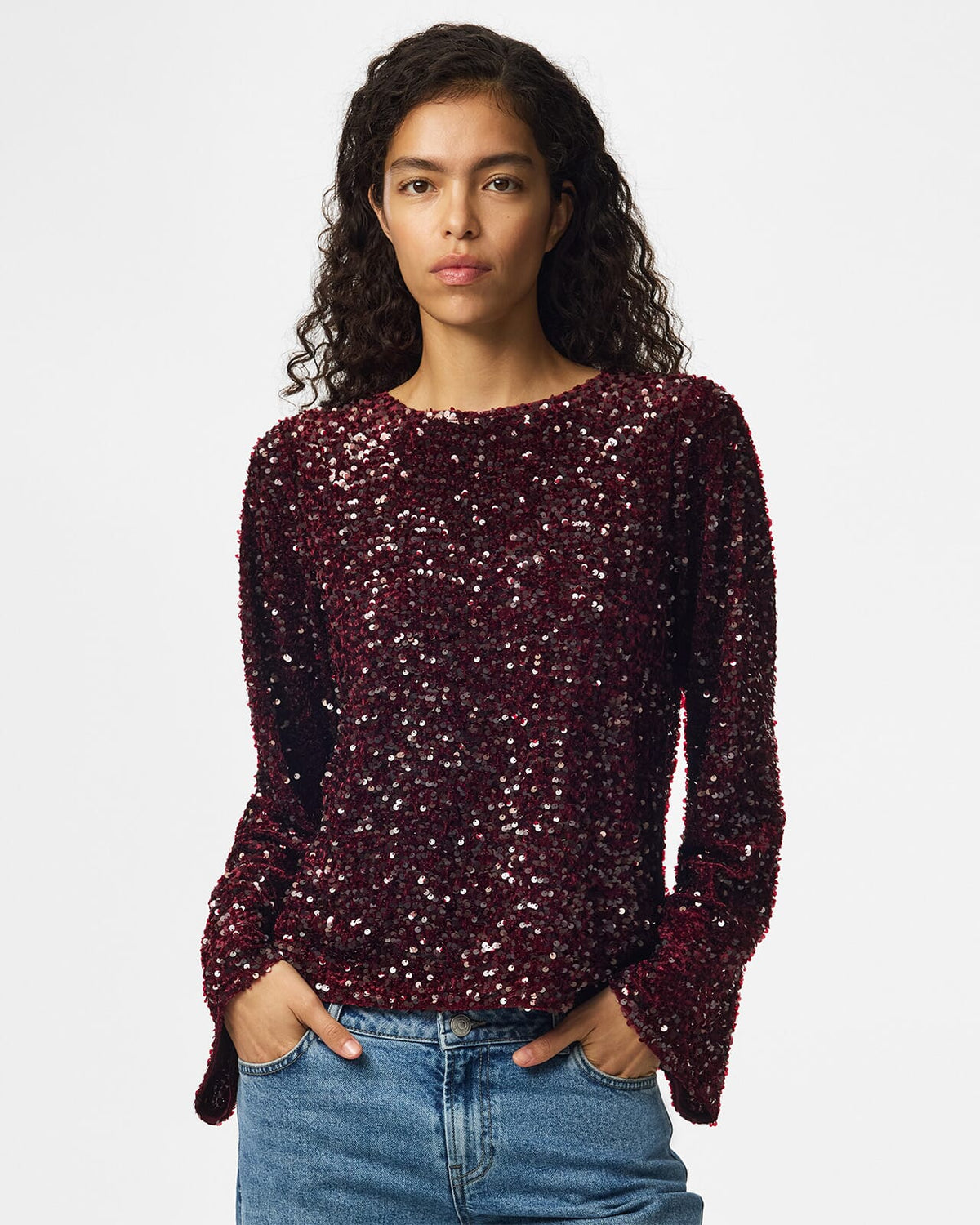 PIECES Paljettopp Kammy LS Deep Back Bow - Tawny Port/ Tawny Port Sequins