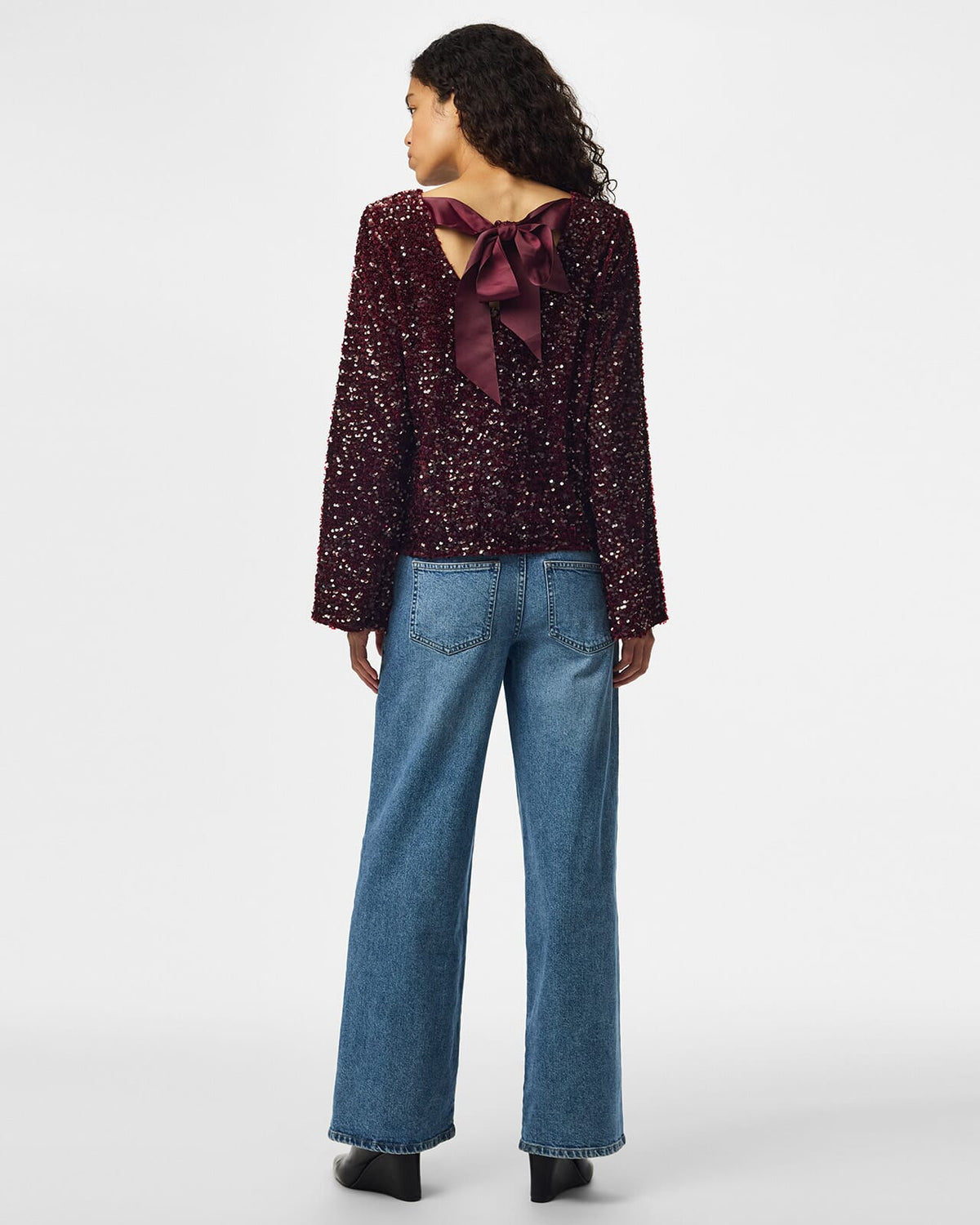 PIECES Paljettopp Kammy LS Deep Back Bow - Tawny Port/ Tawny Port Sequins