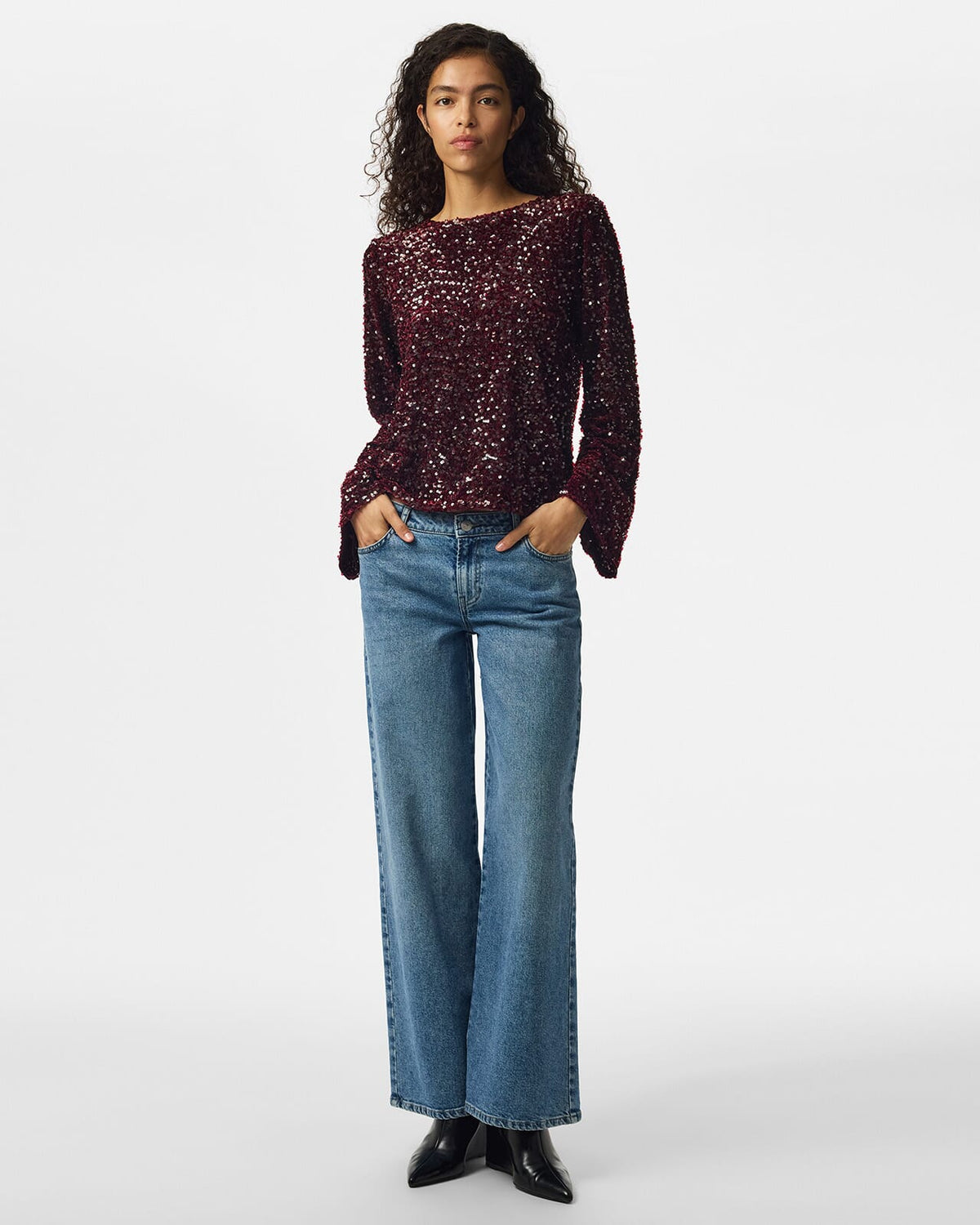 PIECES Paljettopp Kammy LS Deep Back Bow - Tawny Port/ Tawny Port Sequins