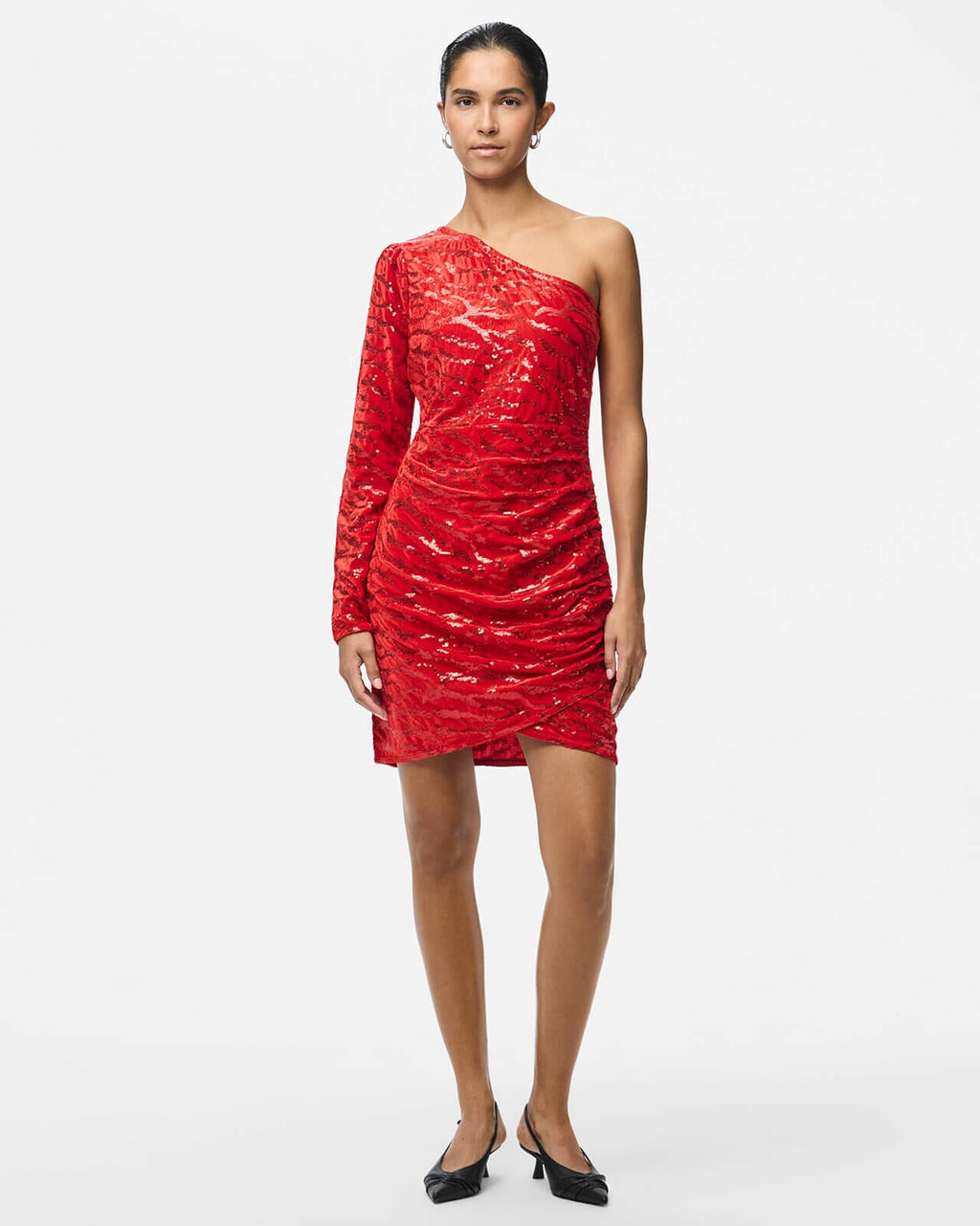 PIECES Paljettkjole Mable One Shoulder - Goji Berry/ Red sequins