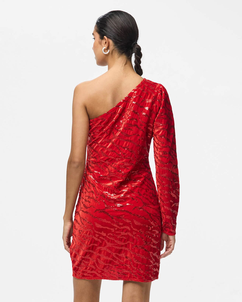 PIECES Paljettkjole Mable One Shoulder - Goji Berry/ Red sequins