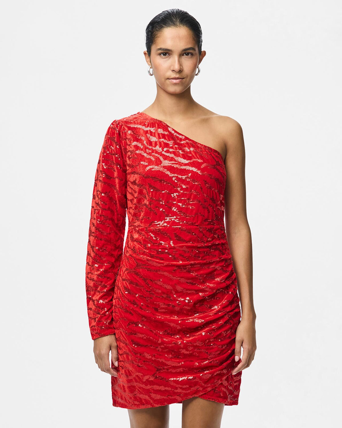 PIECES Paljettkjole Mable One Shoulder - Goji Berry/ Red sequins