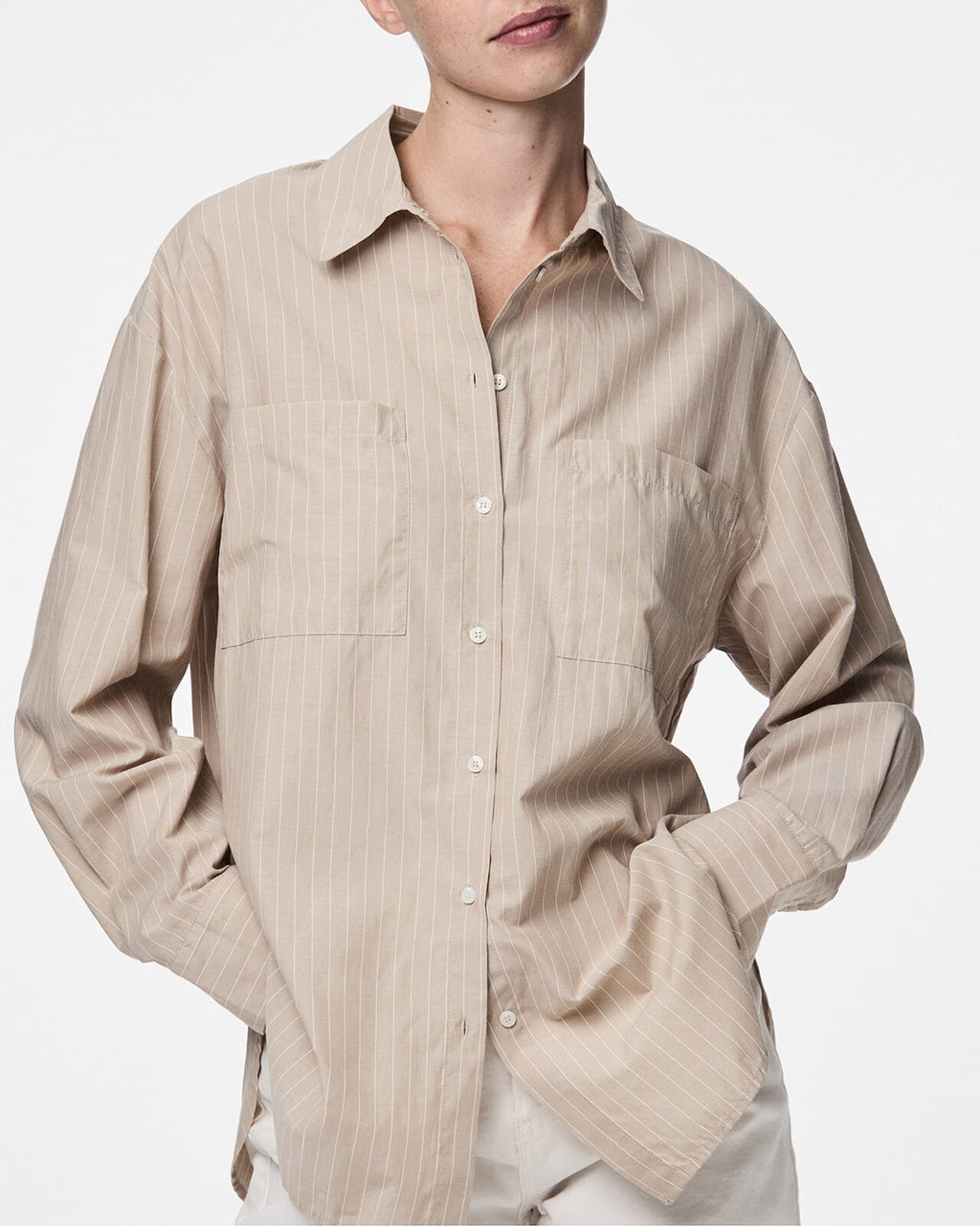 PIECES Skjorte Melia LS Loose Shirt - Crockery/ Thin Bright White