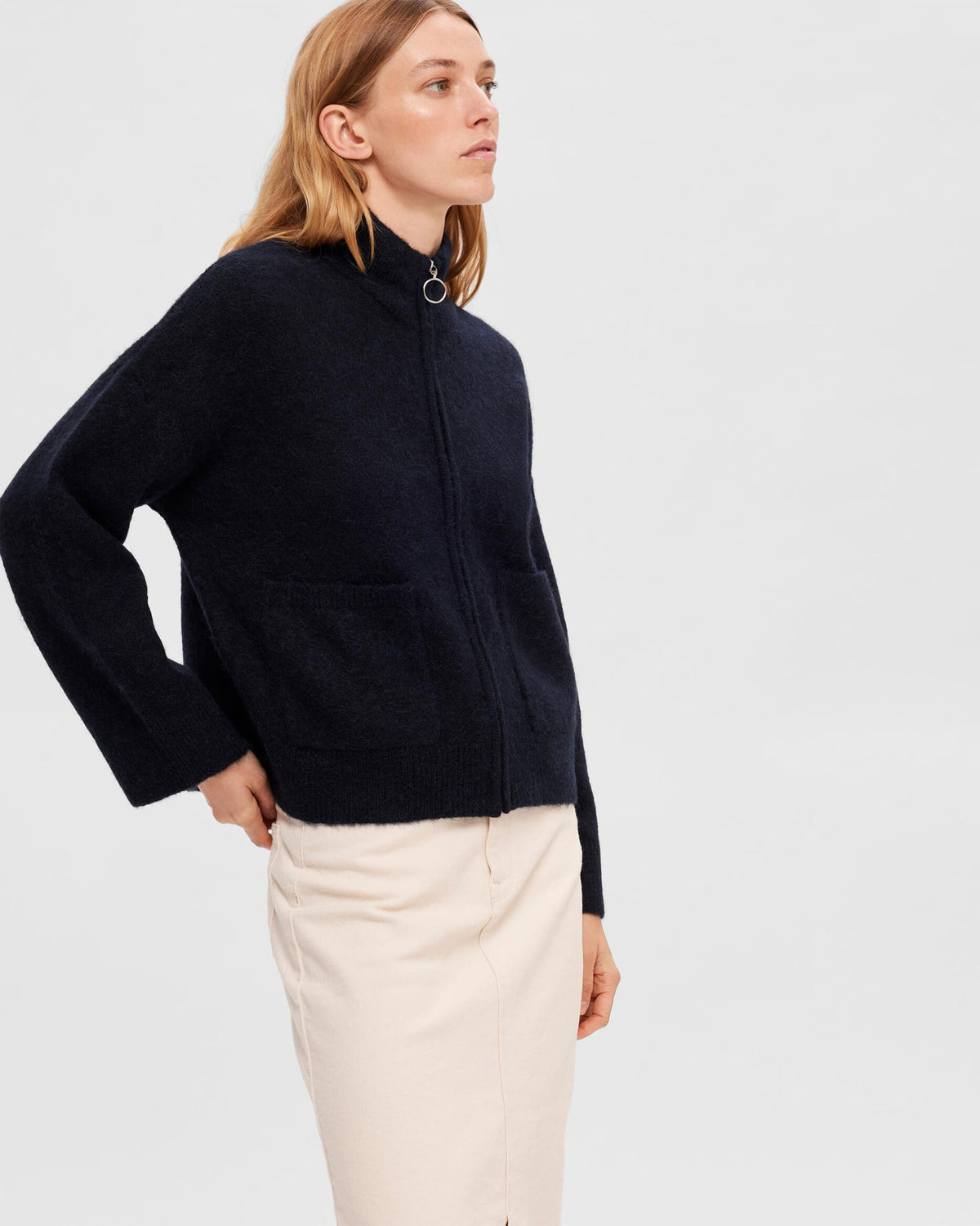 SELECTED FEMME Ullcardigan Sia Ras LS Knit Zipper - Dark Sapphire/ Melange
