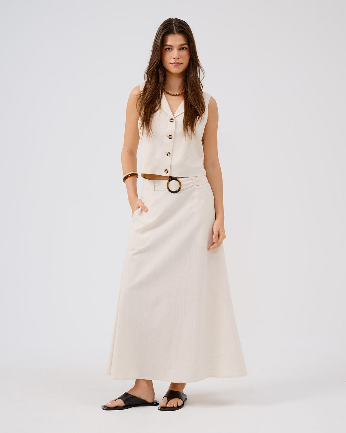 JDY Midiskjort Milan Linen HW Belted - Oatmeal Melange
