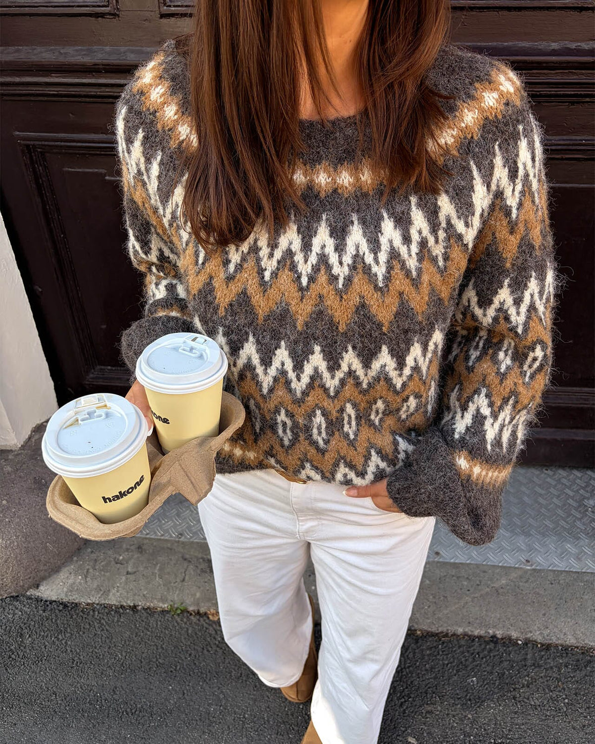 VILA Strikkegenser Bows O-neck L/S  Jacquard Knit - Coffee Bean/ Nuthatch/ Birch