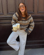 VILA Strikkegenser Bows O-neck L/S  Jacquard Knit - Coffee Bean/ Nuthatch/ Birch