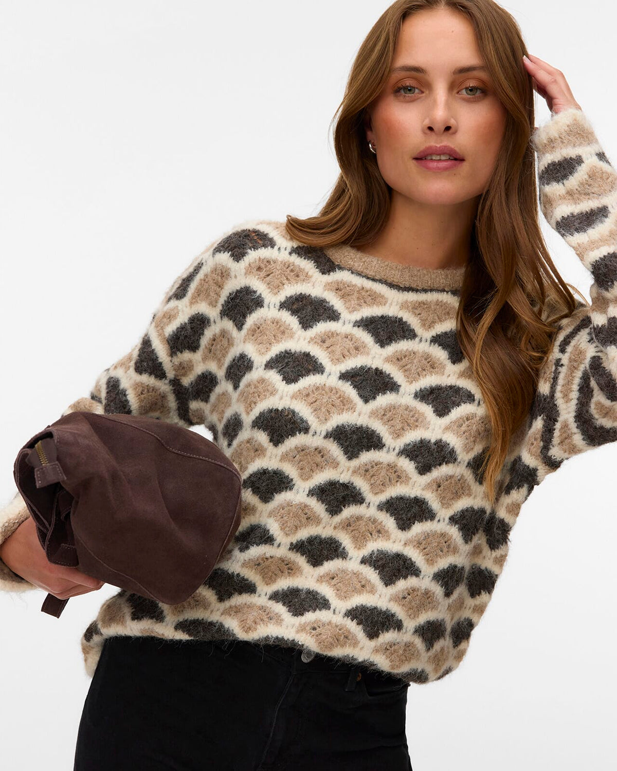 VERO MODA Strikkegenser Annabelle LS O-neck Pullover - Silver Mink/ Chocolate Torte/ Birch