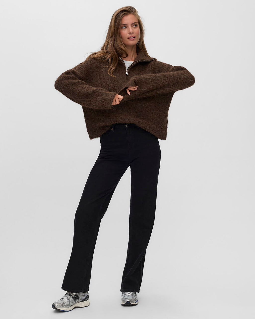VERO MODA Strikkegenser Nolan LS Zipper - Chocolate Torte Melange