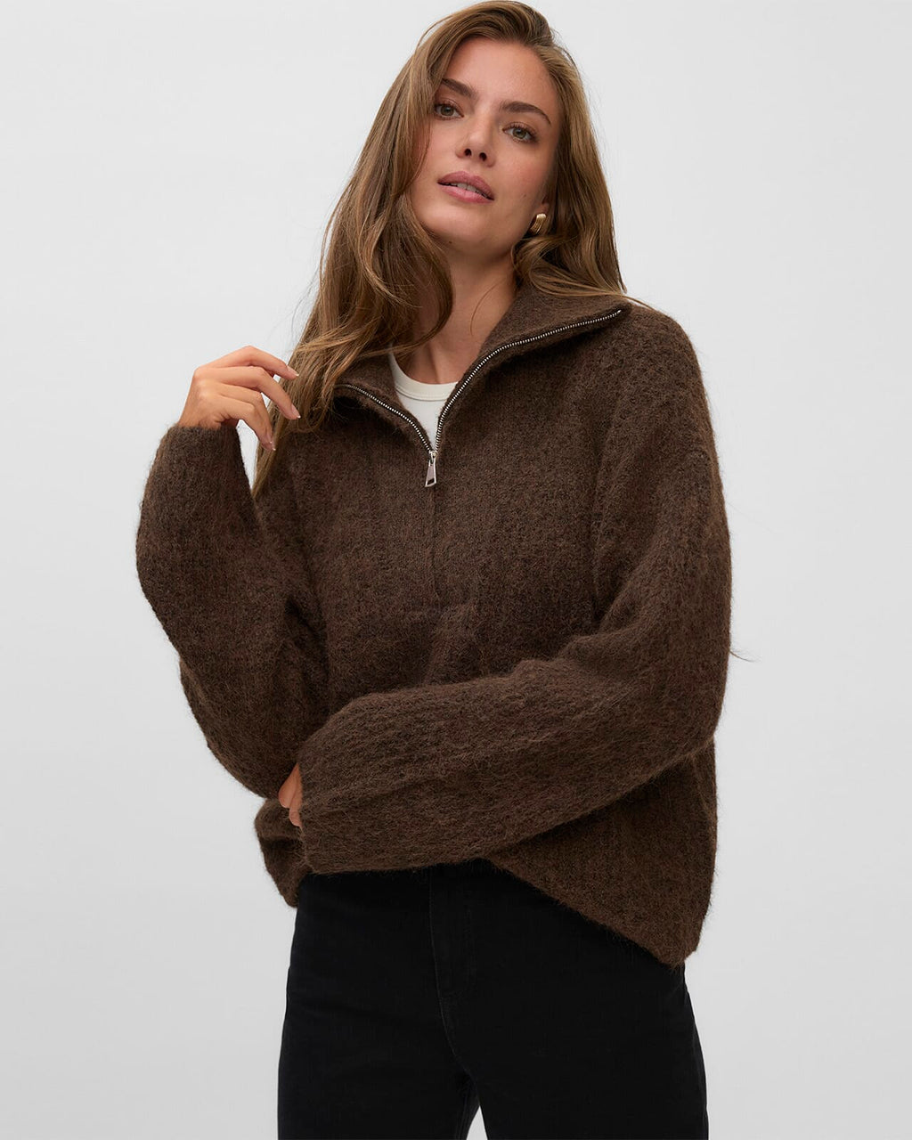 VERO MODA Strikkegenser Nolan LS Zipper - Chocolate Torte Melange