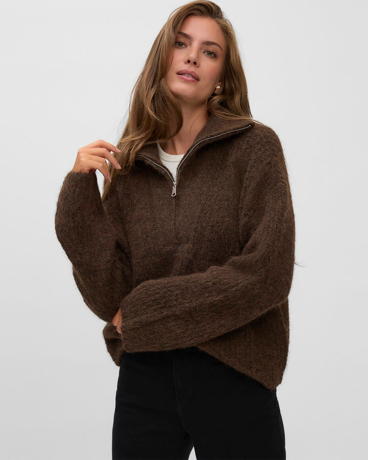 VERO MODA Strikkegenser Nolan LS Zipper - Chocolate Torte Melange