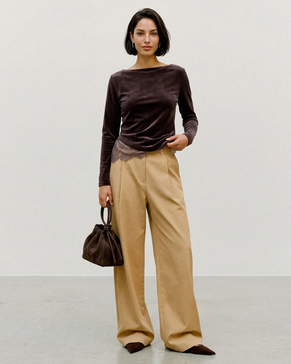 VERO MODA Topp Rikke LS Boatneck Lace Mix - Chocolate Torte