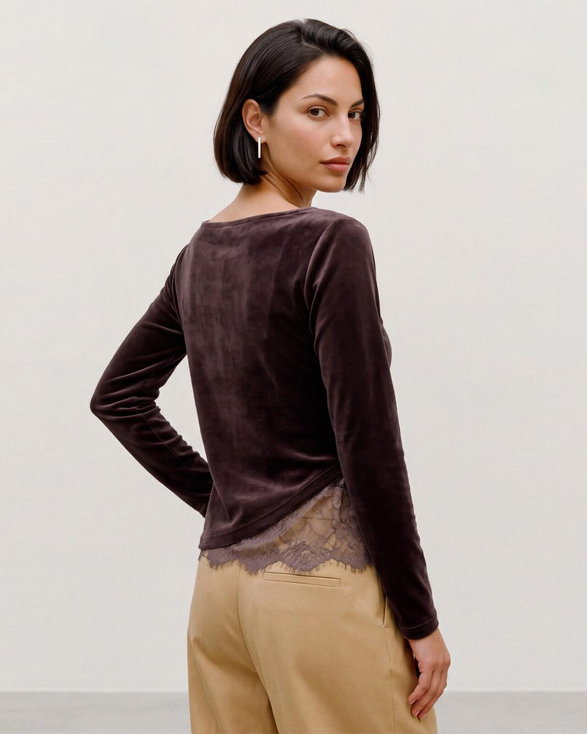VERO MODA Topp Rikke LS Boatneck Lace Mix - Chocolate Torte