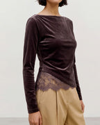 VERO MODA Topp Rikke LS Boatneck Lace Mix - Chocolate Torte