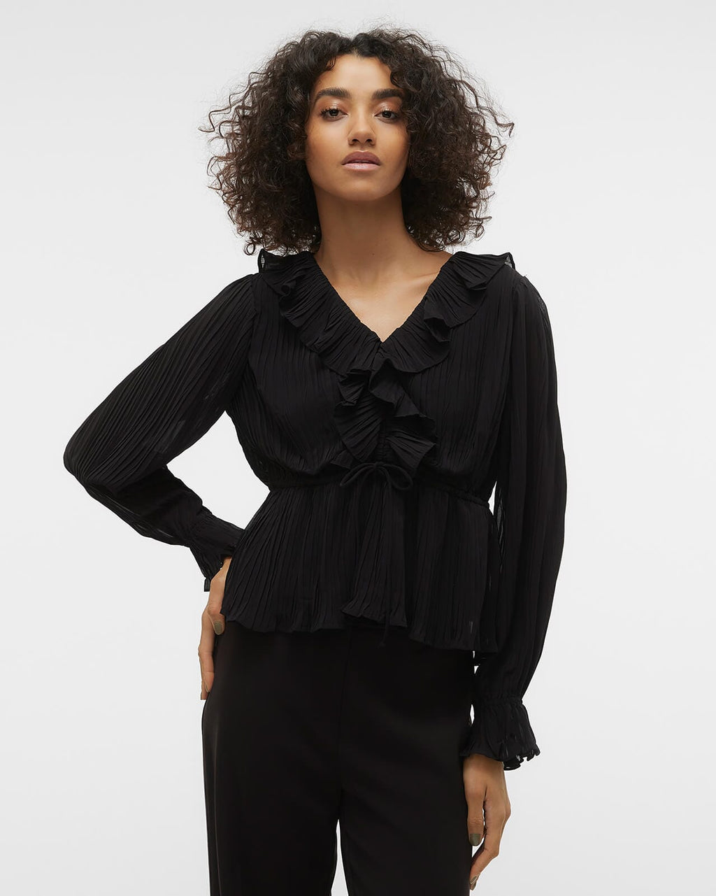 VERO MODA Topp Dora L/S Frill Pleat - Black