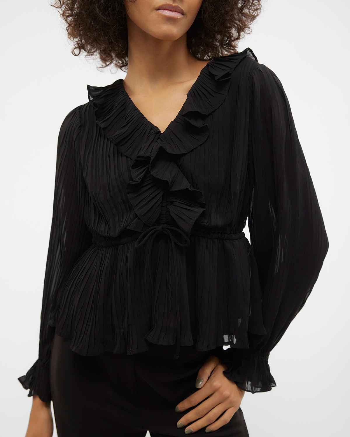 VERO MODA Topp Dora L/S Frill Pleat - Black