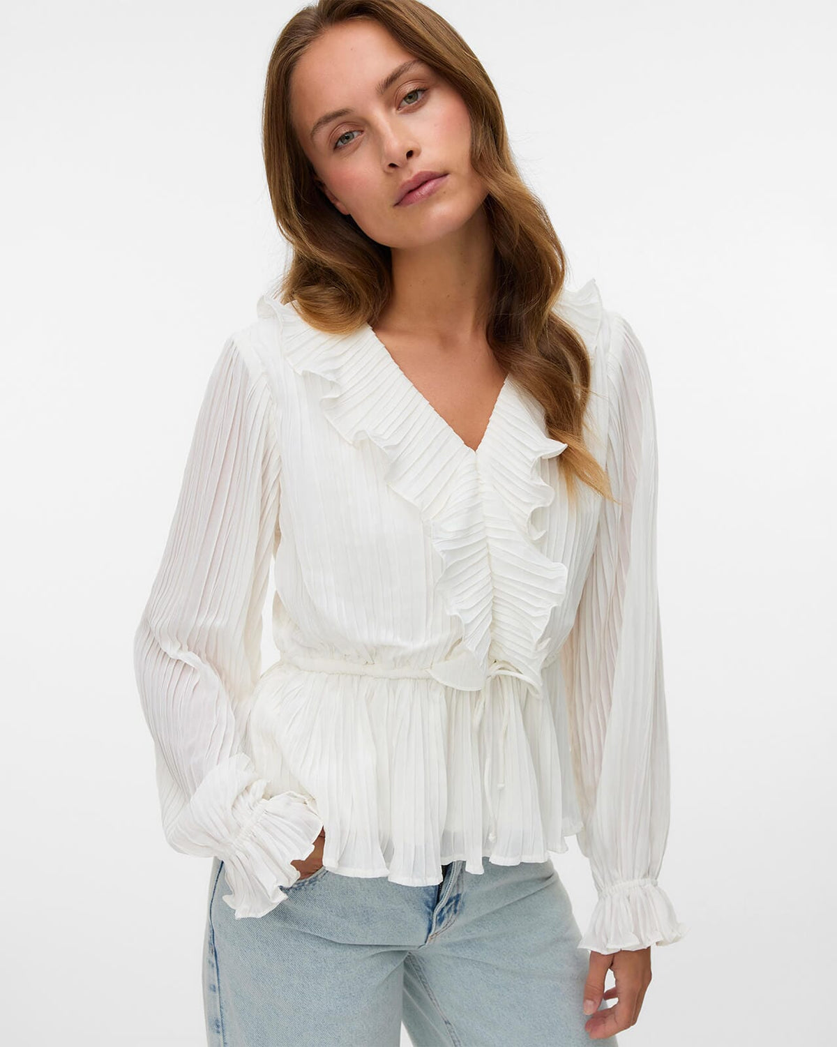 VERO MODA Topp Dora L/S Frill Pleat - Snow White