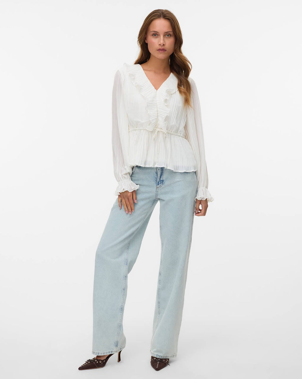 VERO MODA Topp Dora L/S Frill Pleat - Snow White