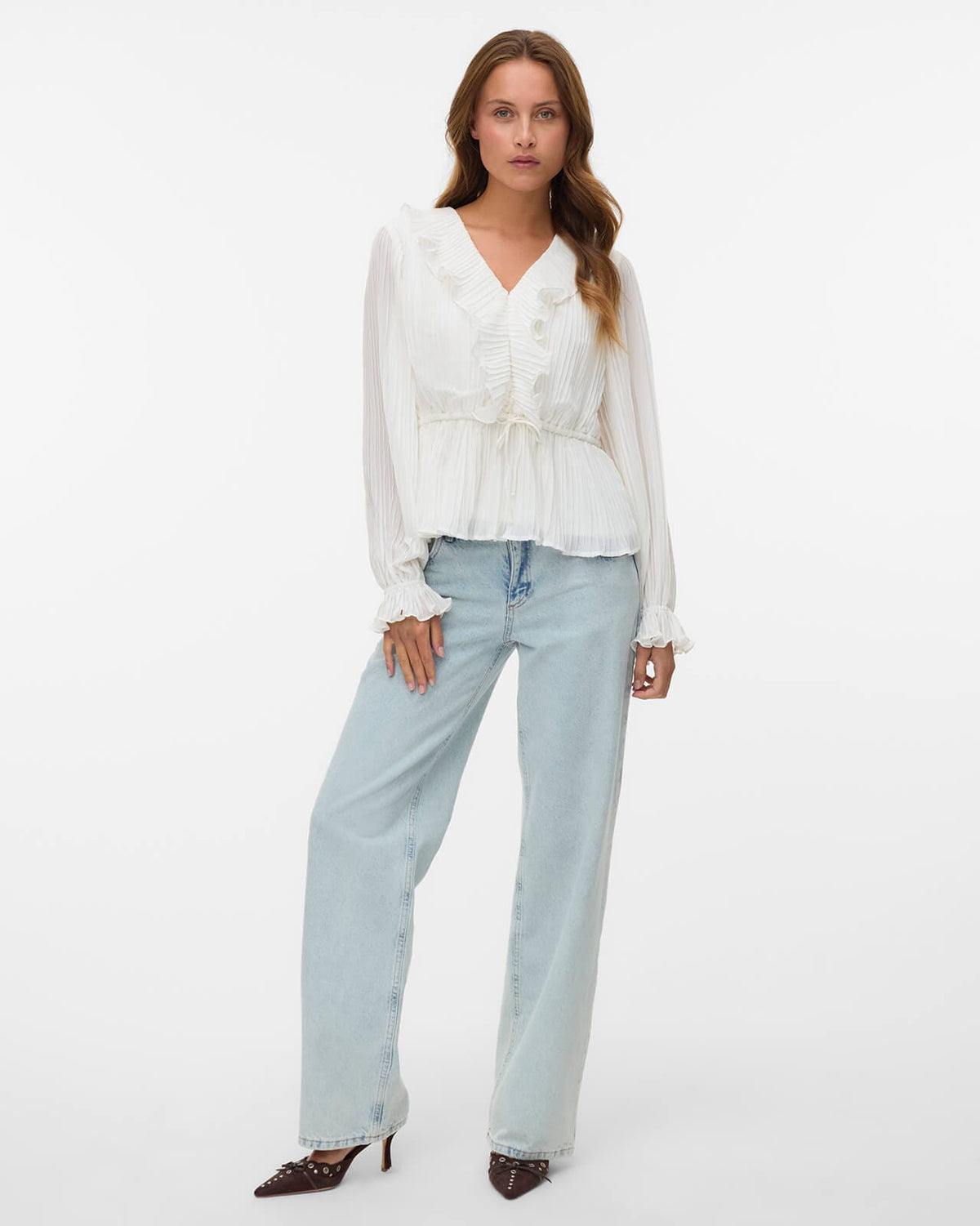 VERO MODA Topp Dora L/S Frill Pleat - Snow White