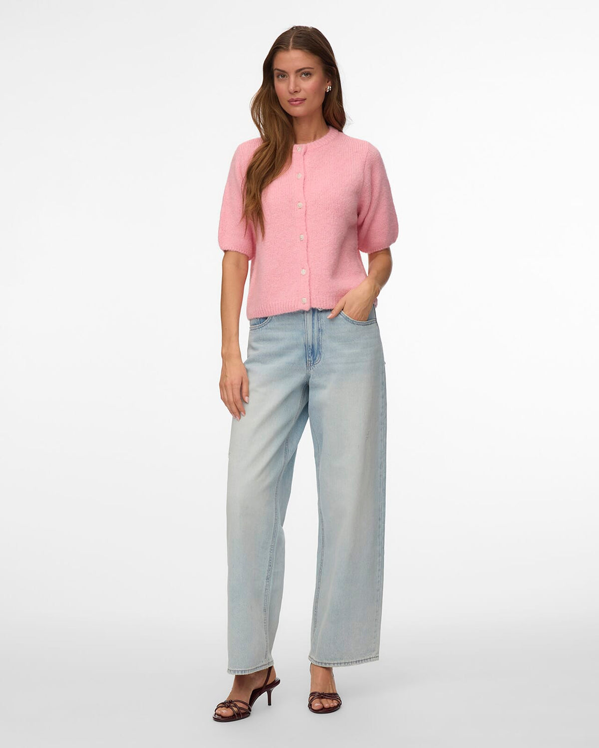 VERA MODA Strikket Cardigan Kara 2/4 O-neck Button Cardigan - Pink Dogwood/ Melange