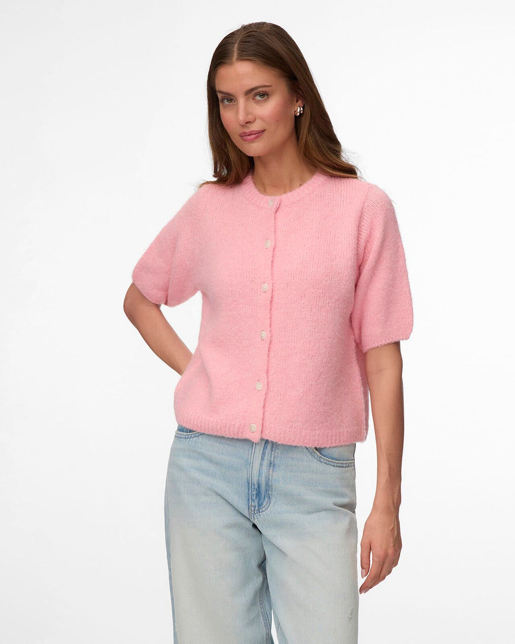 VERA MODA Strikket Cardigan Kara 2/4 O-neck Button Cardigan - Pink Dogwood/ Melange