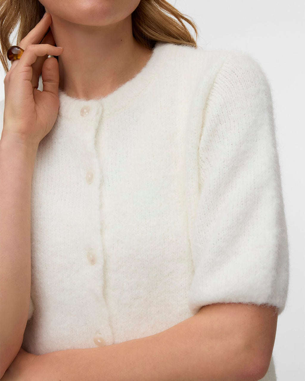 VERA MODA Strikket Cardigan Kara 2/4 O-neck Button Cardigan - Snow White
