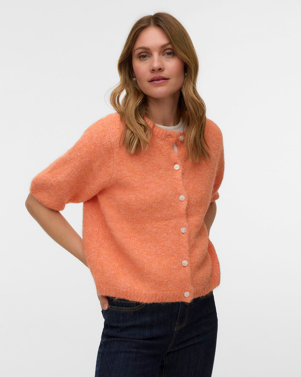 VERA MODA Strikket Cardigan Kara 2/4 O-neck Button Cardigan - Cantaloupe/ Melange