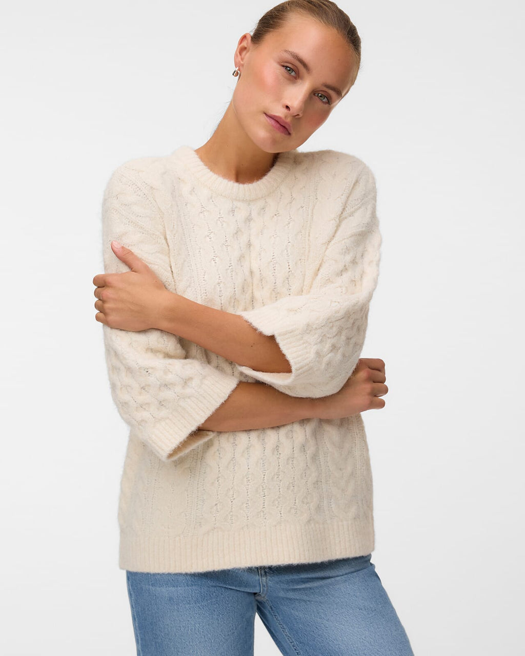 VEOR MODA Strikkegenser Paula 3/4 O-neck Pullover - Birch Melange