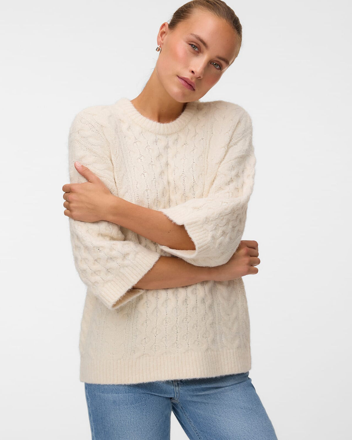 VEOR MODA Strikkegenser Paula 3/4 O-neck Pullover - Birch Melange
