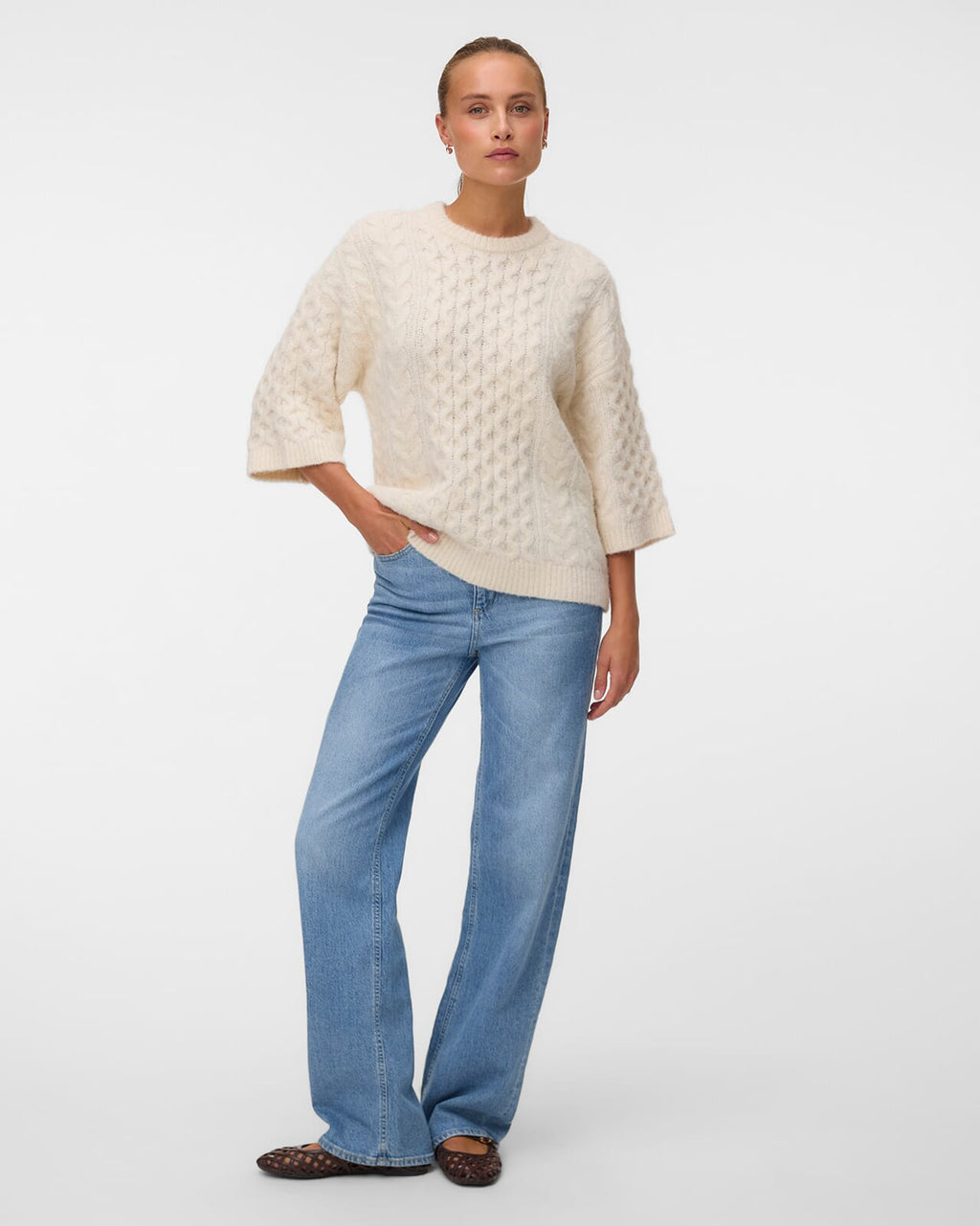 VEOR MODA Strikkegenser Paula 3/4 O-neck Pullover - Birch Melange