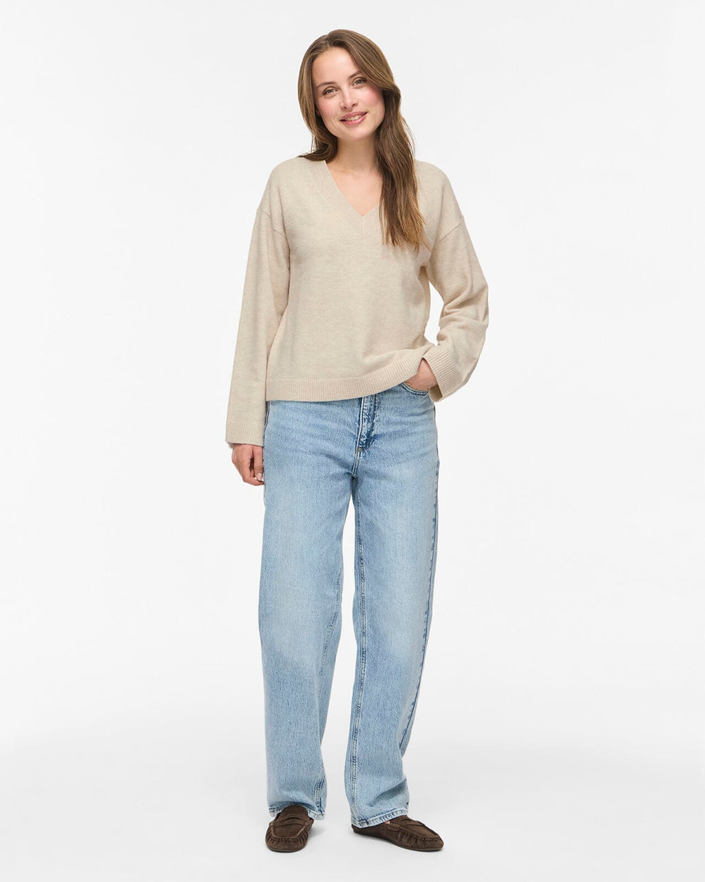 VILA Strikkegenser Liga L/S Rev V-neck Knit - Birch Melange