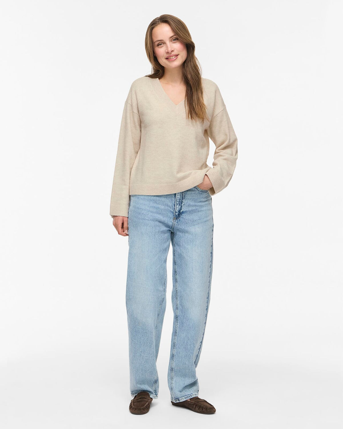 VILA Strikkegenser Liga L/S Rev V-neck Knit - Birch Melange