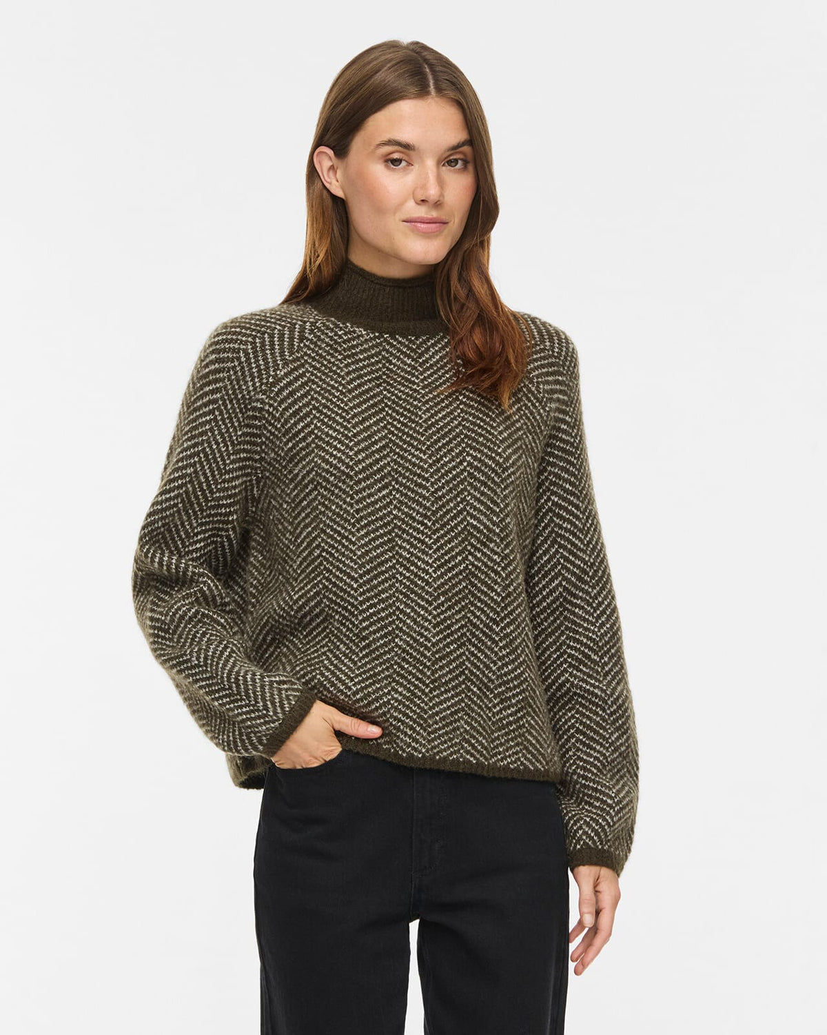 VILA Strikkegenser Lory High Neck L/S - Forest Night/ Eggnog Melange