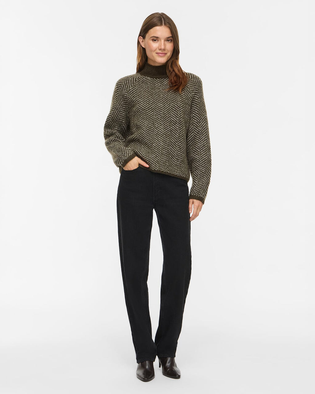 VILA Strikkegenser Lory High Neck L/S - Forest Night/ Eggnog Melange