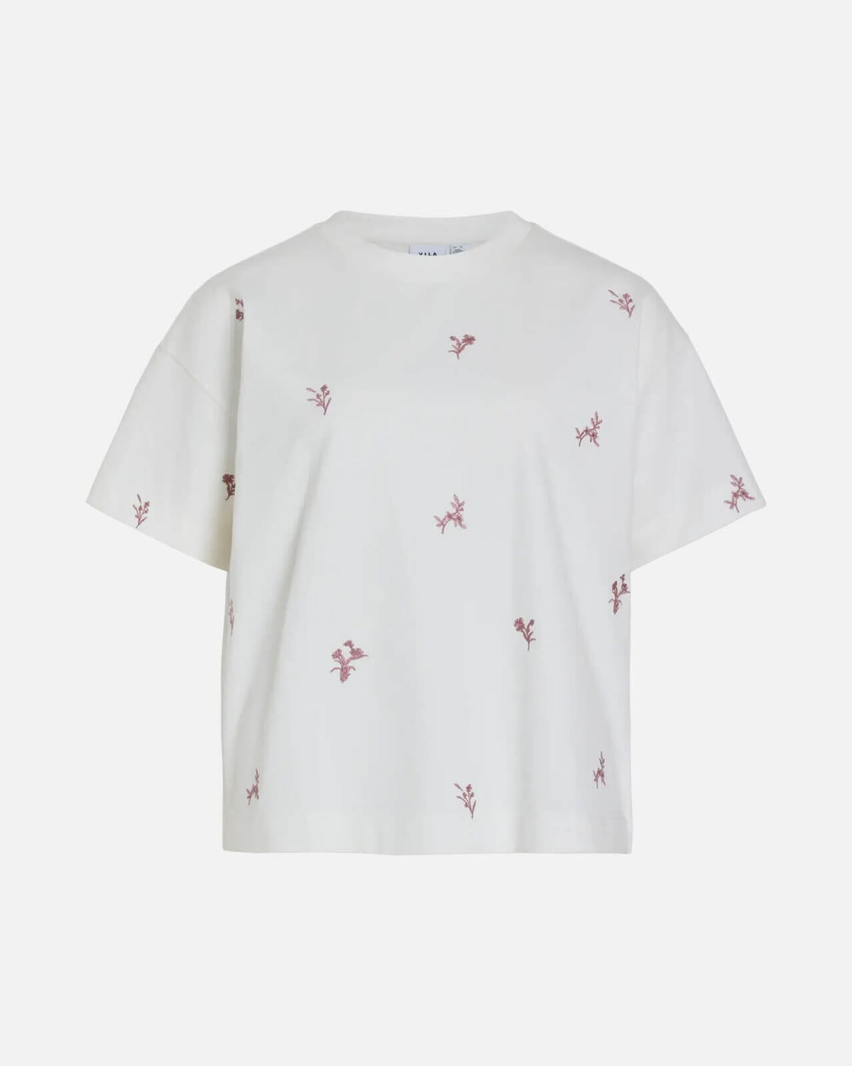 VILA T-skjorte Monie Flower Emb S/S O-neck - Snow White Emb/ Nostalgia Rose Flowers