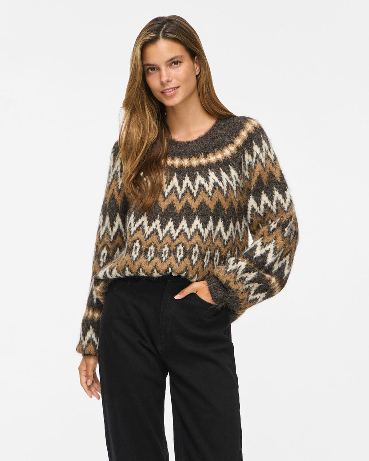 VILA Strikkegenser Bows O-neck L/S  Jacquard Knit - Coffee Bean/ Nuthatch/ Birch