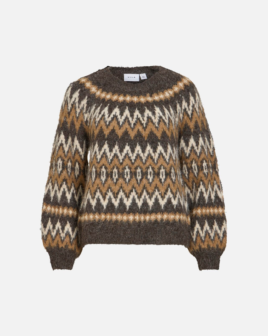VILA Strikkegenser Bows O-neck L/S  Jacquard Knit - Coffee Bean/ Nuthatch/ Birch