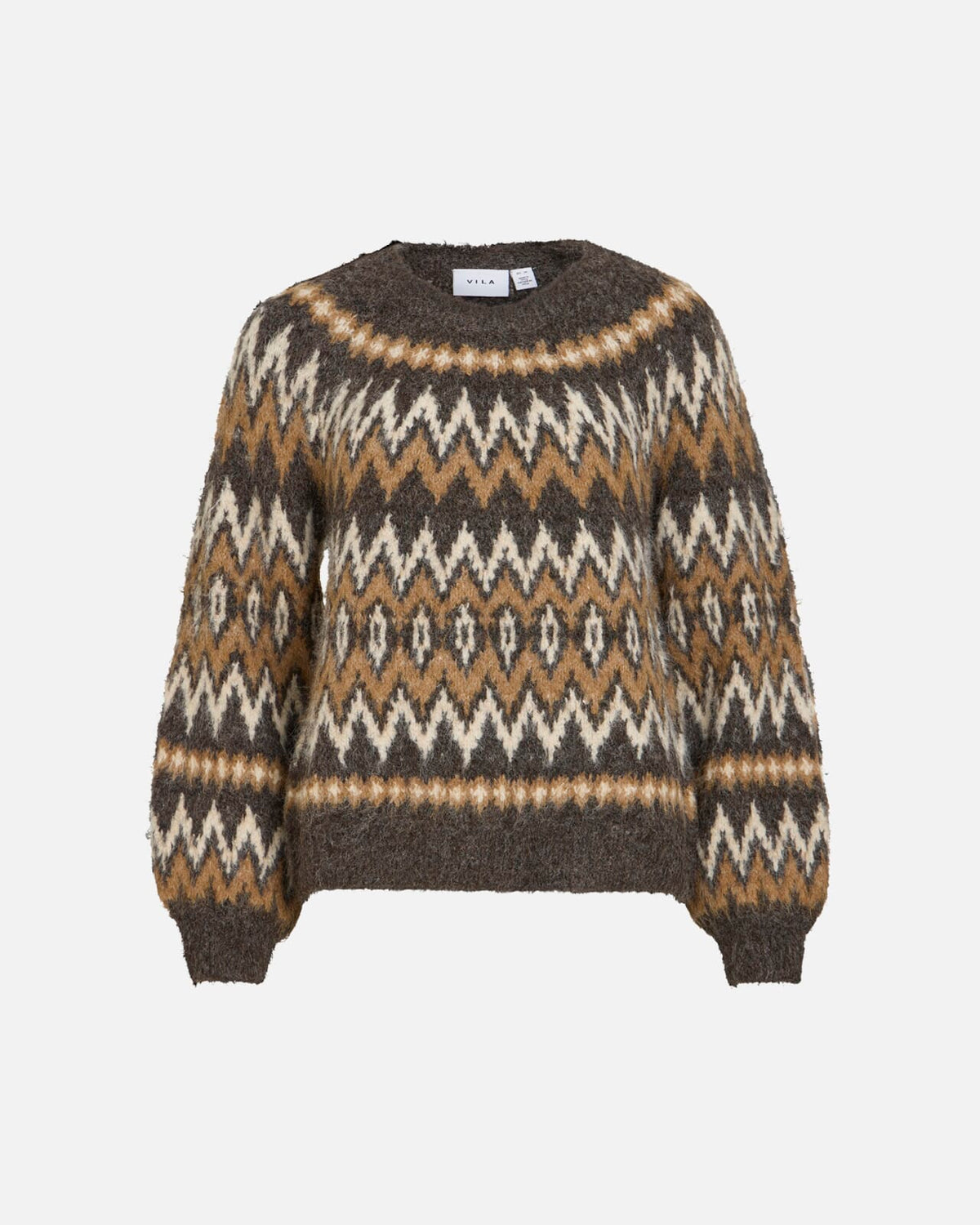 VILA Strikkegenser Bows O-neck L/S  Jacquard Knit - Coffee Bean/ Nuthatch/ Birch