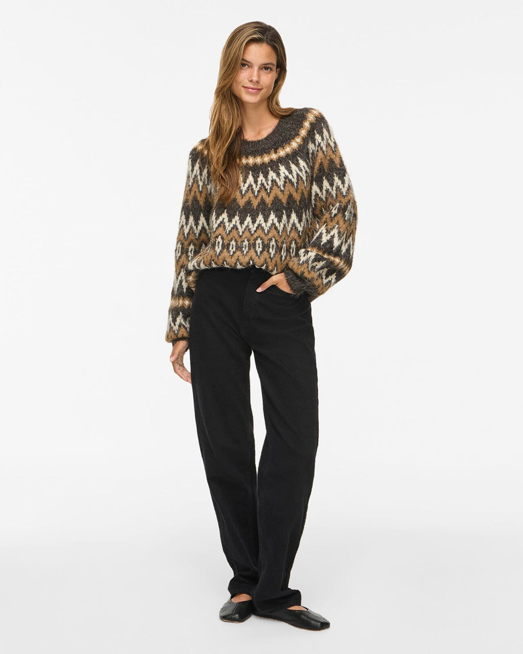 VILA Strikkegenser Bows O-neck L/S  Jacquard Knit - Coffee Bean/ Nuthatch/ Birch