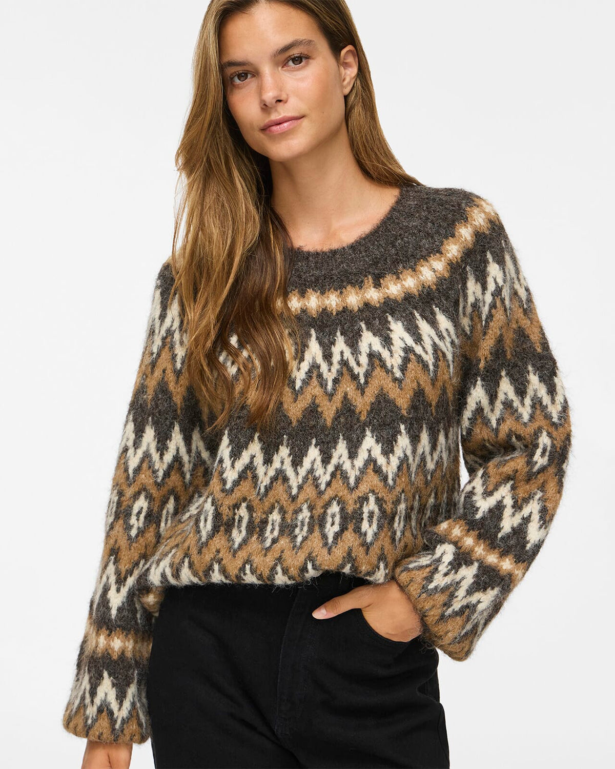 VILA Strikkegenser Bows O-neck L/S  Jacquard Knit - Coffee Bean/ Nuthatch/ Birch