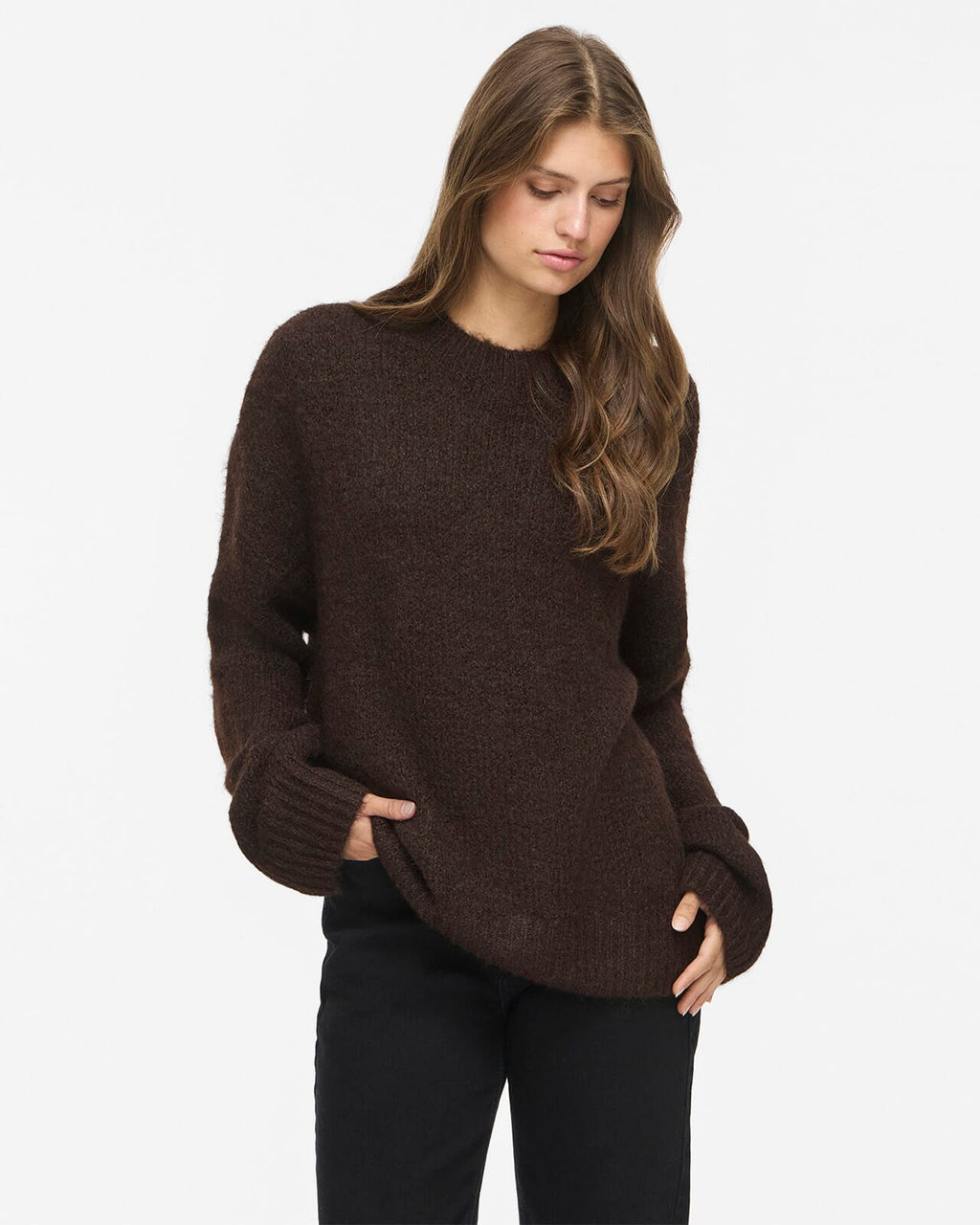VILA Strikkegenser Bows L/S O-neck Knit - Coffee Bean Melange