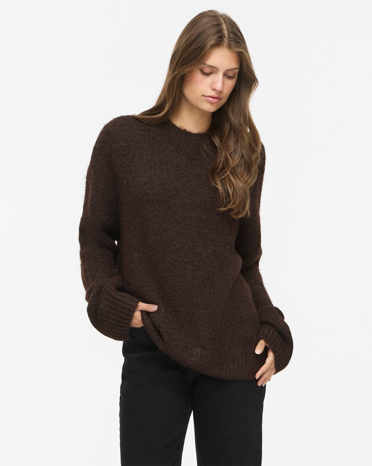 VILA Strikkegenser Bows L/S O-neck Knit - Coffee Bean Melange