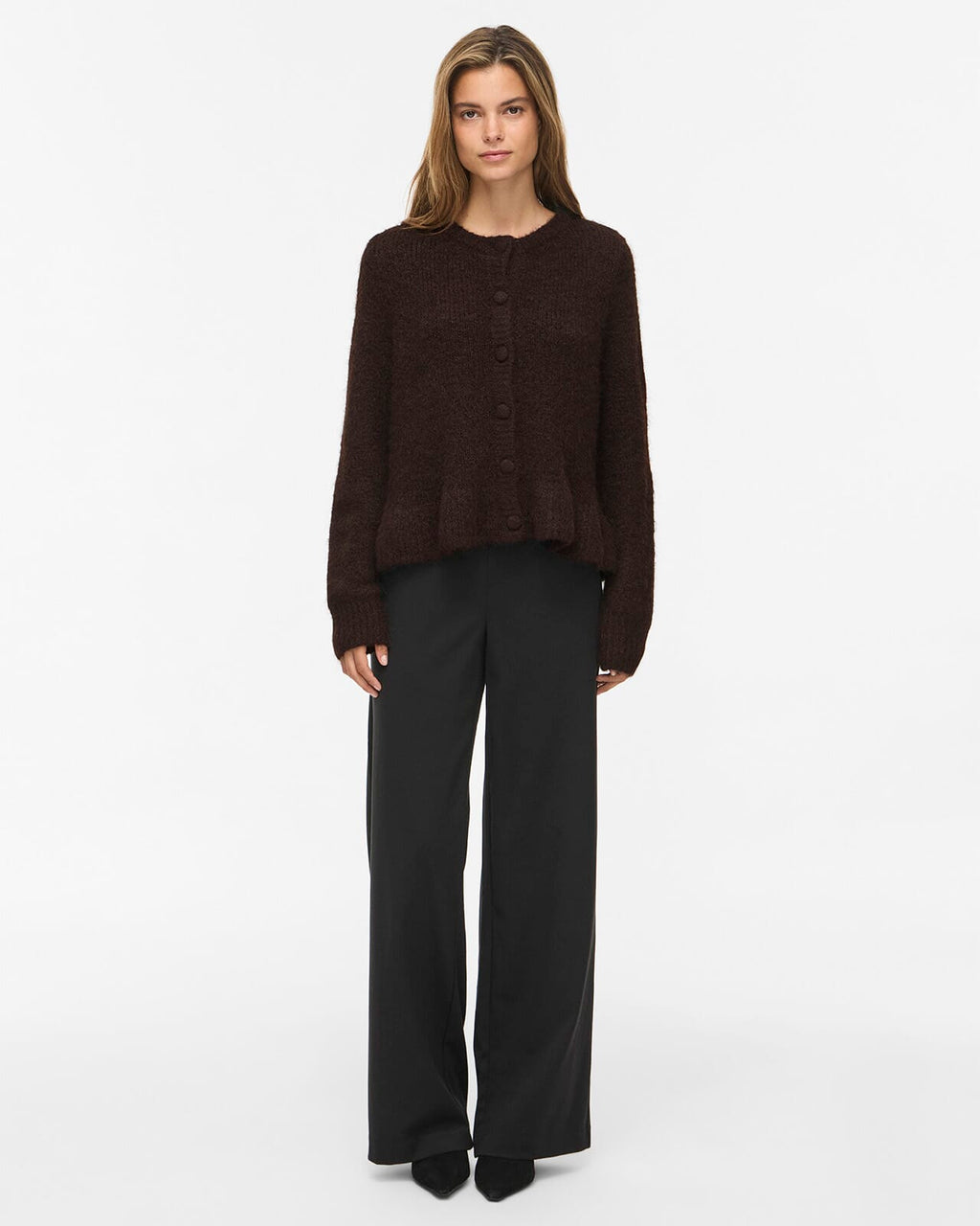 VILA Strikket Cardigan Bows L/S Flounce Knit - Coffee Bean Melange