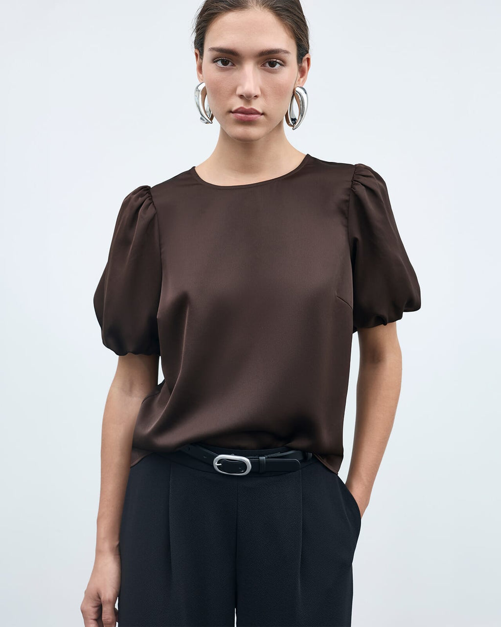 VILA Topp Ellette 2/4 Satin Puff - Coffee Bean