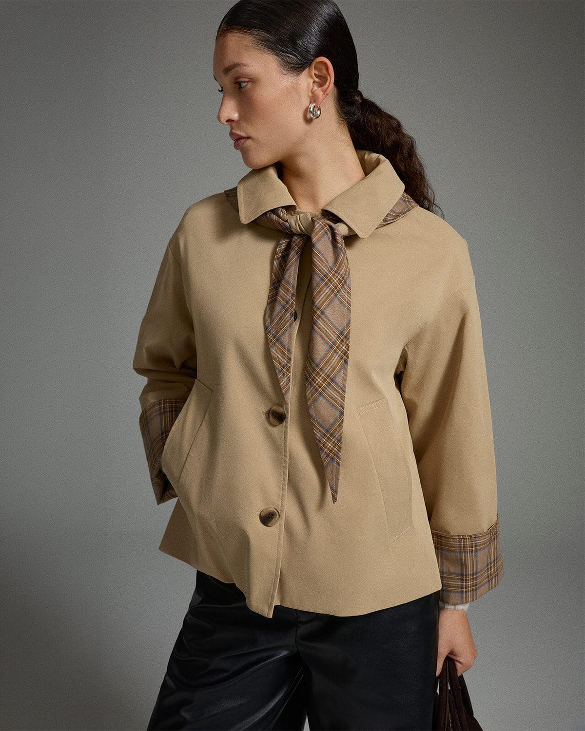 VILA Jakke Avara Detail L/S Detail - Fields Of Rye/ Check Scarf