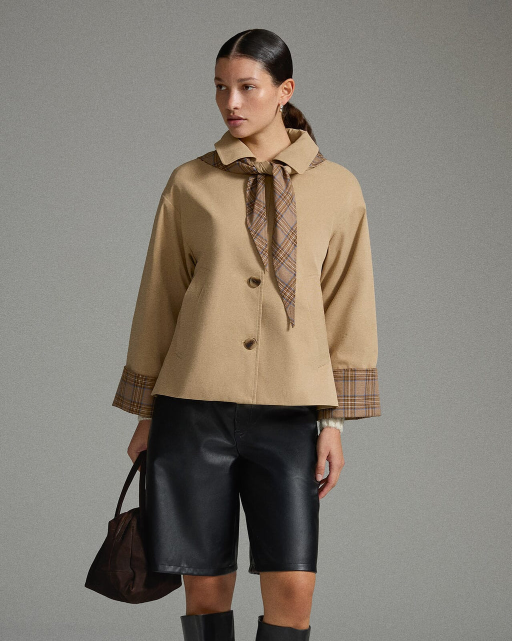 VILA Jakke Avara Detail L/S Detail - Fields Of Rye/ Check Scarf
