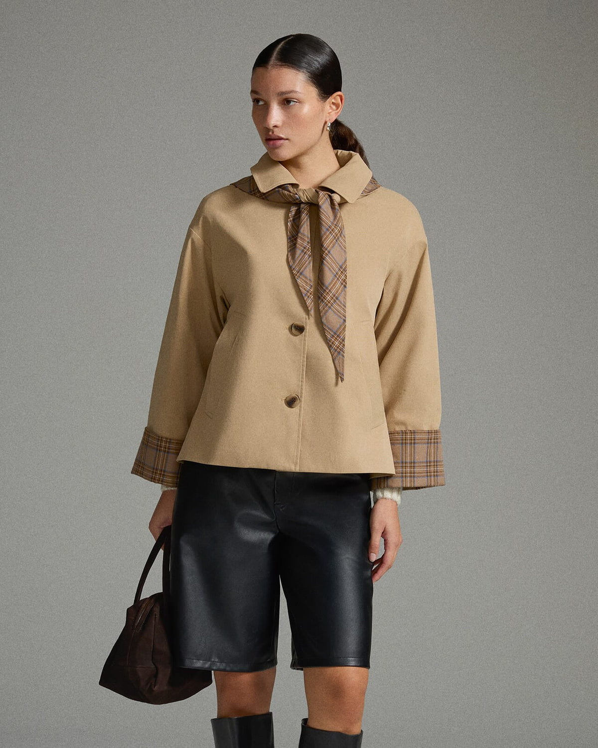 VILA Jakke Avara Detail L/S Detail - Fields Of Rye/ Check Scarf