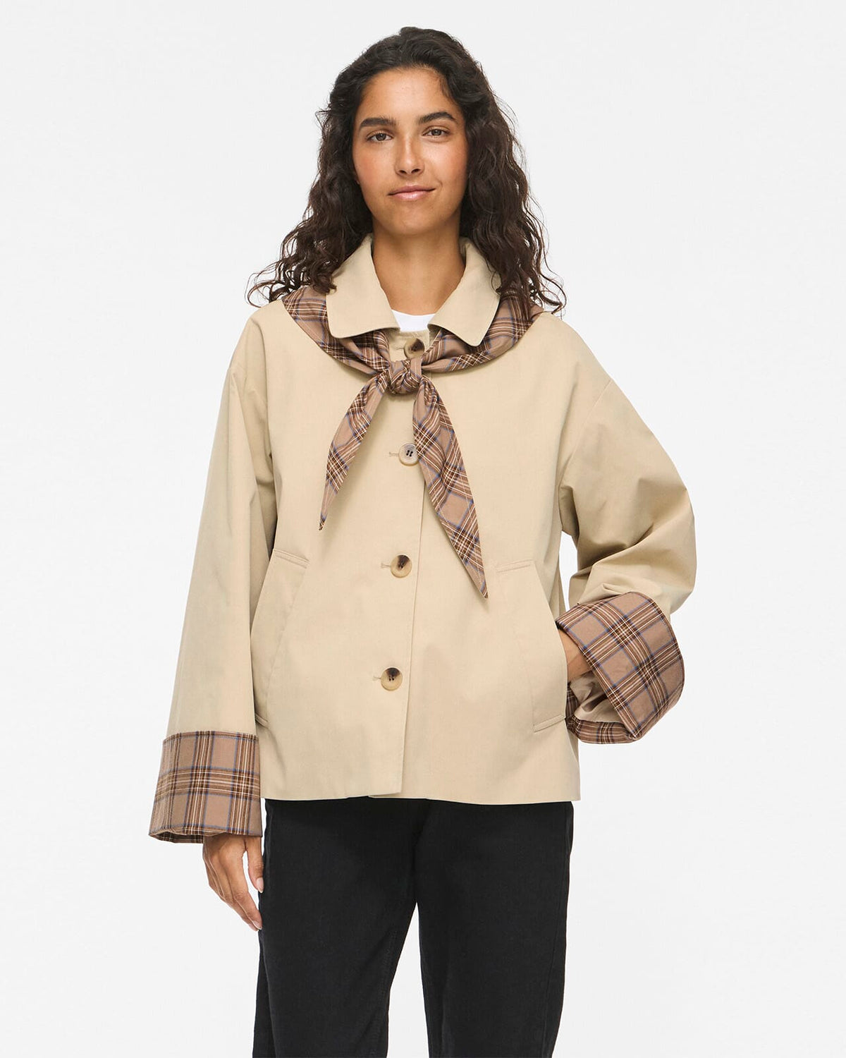 VILA Jakke Avara Detail L/S Detail - Fields Of Rye/ Check Scarf